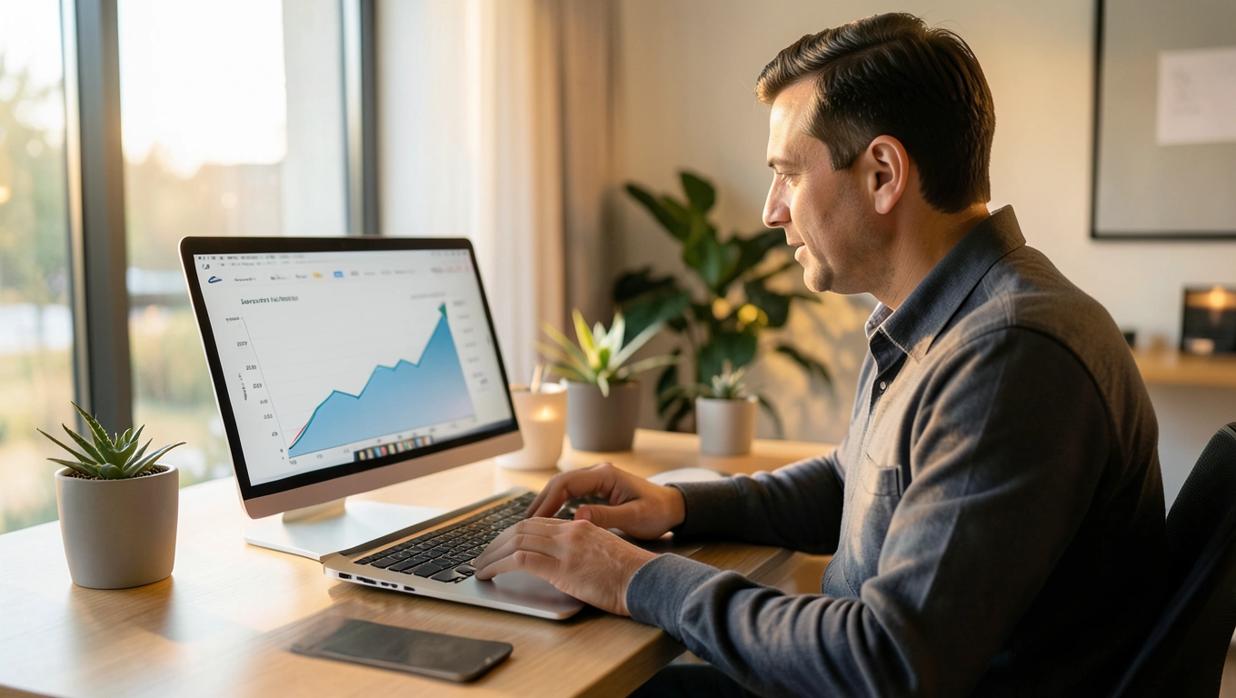 Blogueur au travail avec graphe de croissance